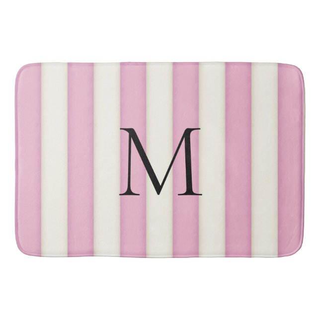 Pink & Antique White Stripes Monogrammed Bath Mat (Front)