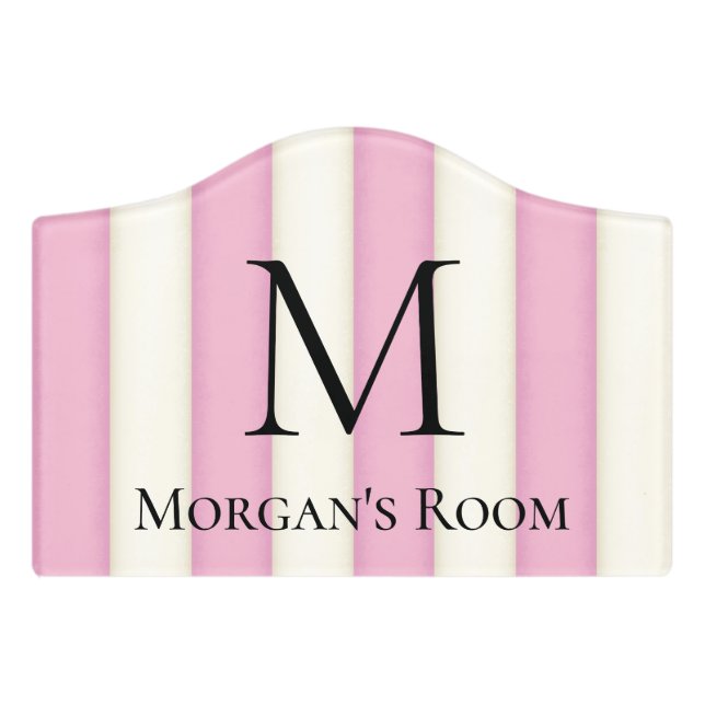Pink & Antique White Stripes Monogrammed Door Sign (Small Crest Front)