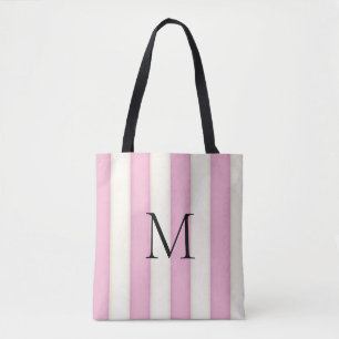 Pink & Antique White Stripes Monogrammed Tote Bag