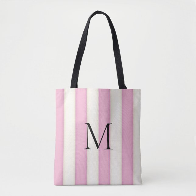 Pink & Antique White Stripes Monogrammed Tote Bag (Front)