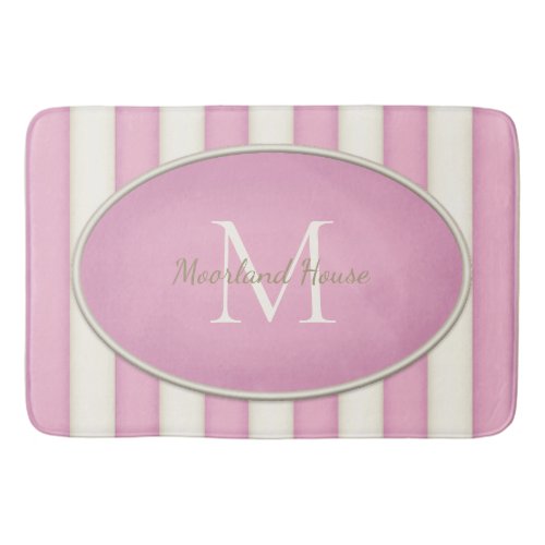 Pink  Antique White Stripes Oval Framed Monogram Bath Mat