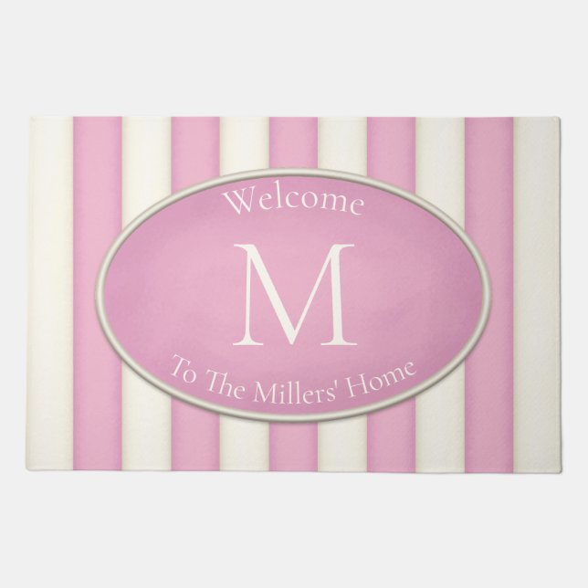 Pink & Antique White Stripes Oval Framed Monogram Doormat (Front)