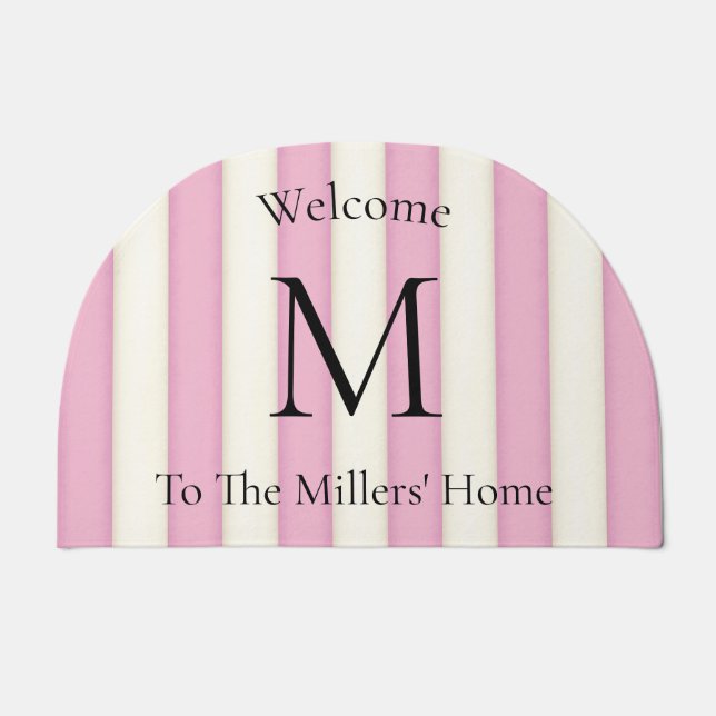 Pink & Antique White Stripes Personalized Doormat (Front)