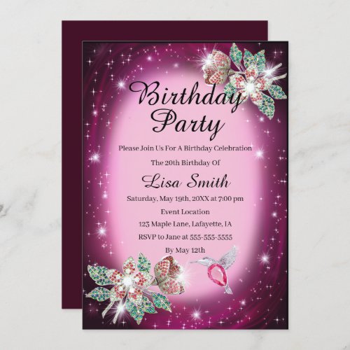 Pink Any Age Bling Floral Bird Birthday Invitation