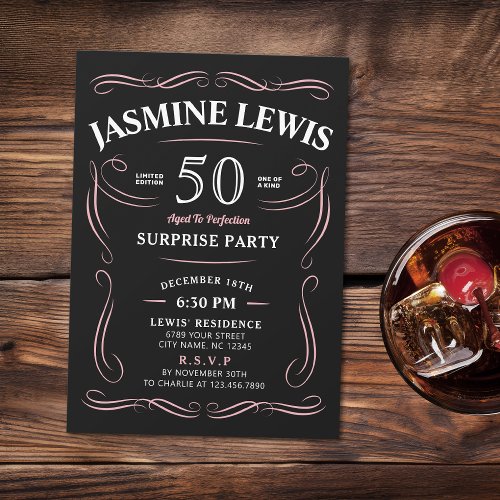 Pink Any Age Whiskey themed surprise 50th birthday Invitation