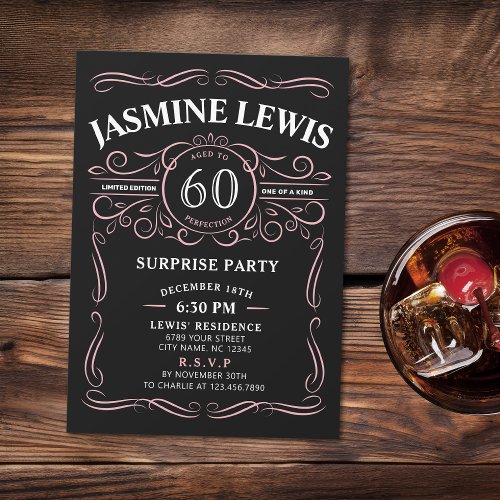 Pink Any Age Whiskey themed surprise 60th birthday Invitation