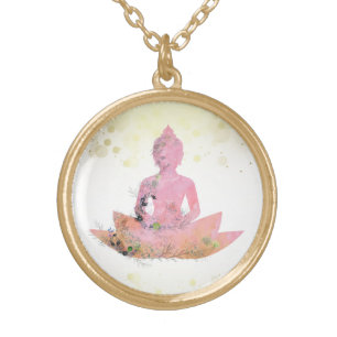 *~* Pink AP33 Buddha Botanical Floral Lotus Gold Plated Necklace