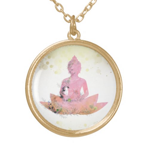  Pink  AP33 Buddha Botanical Floral Lotus   Gold Plated Necklace