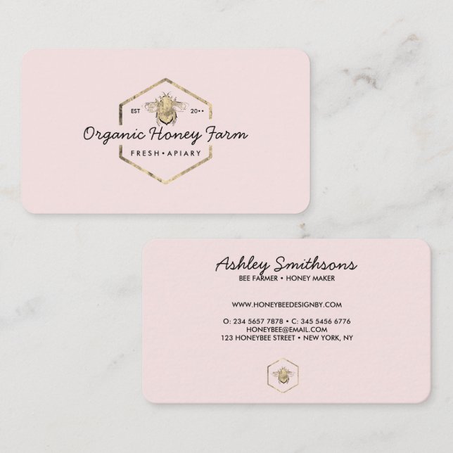 Pink Apiarist Logo Gold Bumble Bee Honeycomb Business Card (Front/Back)