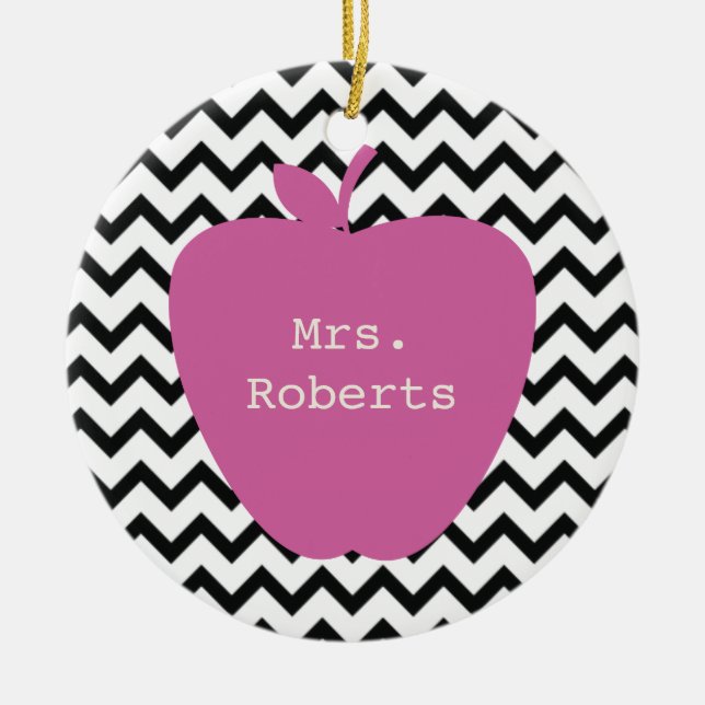 Pink Apple Black Chevron Teacher Ceramic Ornament (Front)