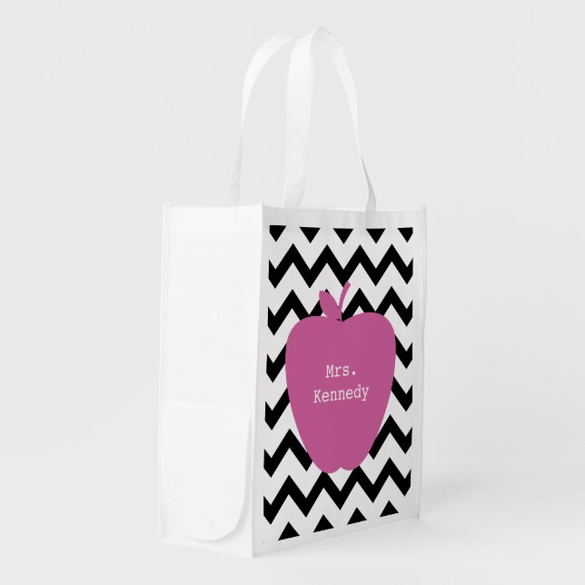 Pink Apple Black Chevron Teacher Grocery Bag (Front Side)
