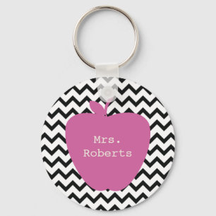 Pink Apple Black Chevron Teacher Keychain