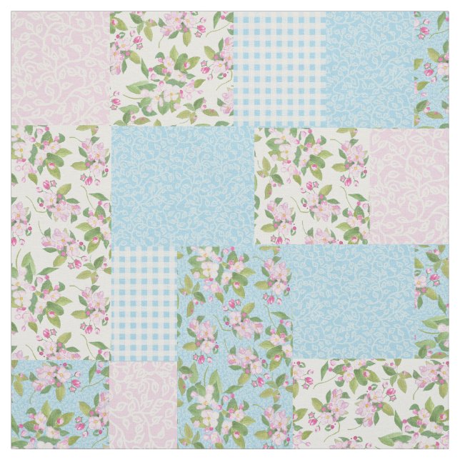 Pink Apple Blossom Floral and Check Faux Patchwork Fabric (Swatch)