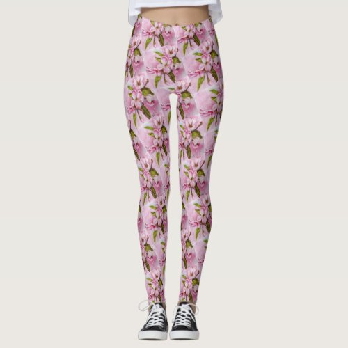 PINK APPLE BLOSSOM FLORAL LEGGINGS