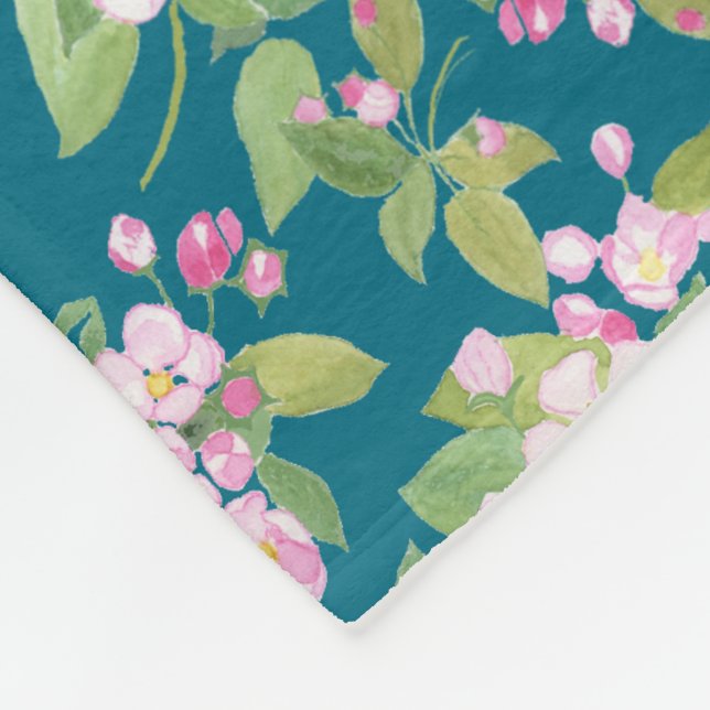 Pink Apple Blossom Floral Pattern on Dark Blue Fleece Blanket (Corner)