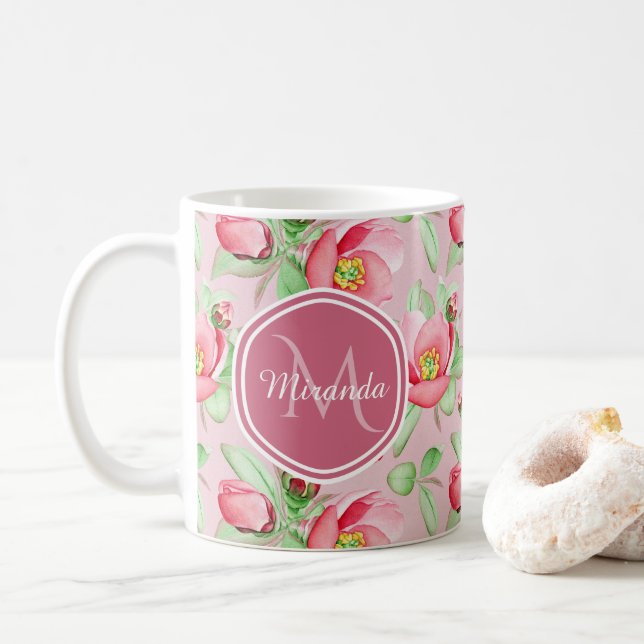 Pink Apple Blossom Monogram Coffee Mug (With Donut)