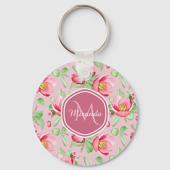 Pink Apple Blossom Monogram Keychain (Front)