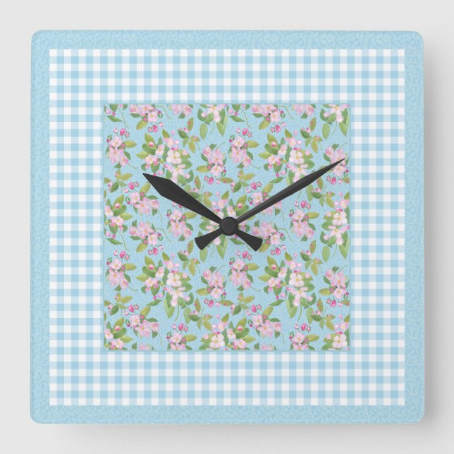 Pink Apple Blossom on Blue, Blue and White Gingham Square Wall Clock (Front)