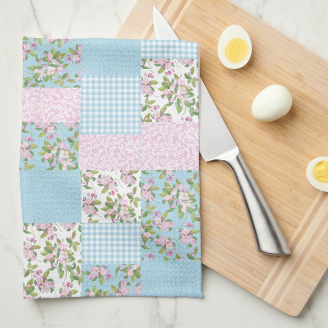 Pink Apple Blossom on Blue Faux Patchwork Towel (Quarter Fold)