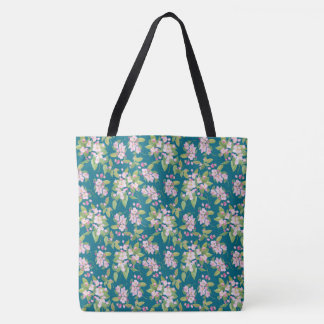 Pink Apple Blossom on Deep Blue Background Tote Bag