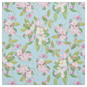 Pink Apple Blossom on Sky Blue Leafy Background Fabric