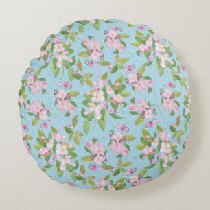 Pink Apple Blossom on Sky Blue Leafy Background Round Pillow