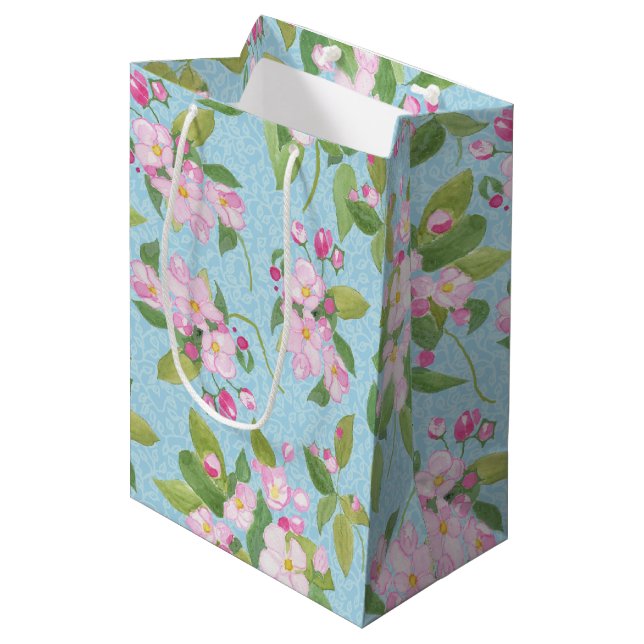Pink Apple Blossom on Sky Blue Leaves Medium Gift Bag (Front Angled)