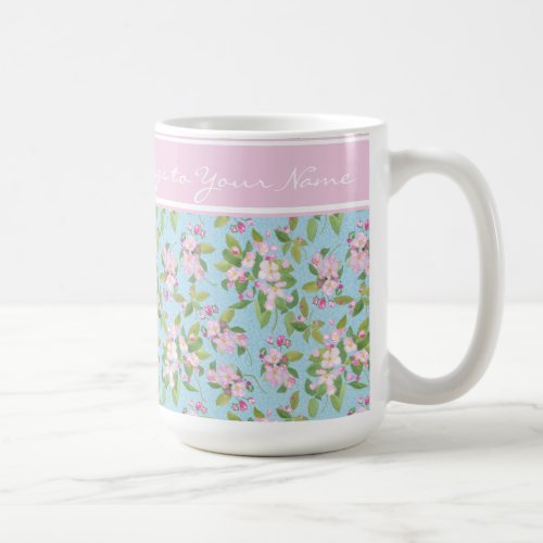 Pink Apple Blossom on Sky Blue Pink Band for Name Coffee Mug