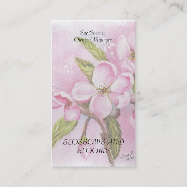PINK APPLE BLOSSOM WATERCOLOR FLOWER BUSINESS CARD (Front)