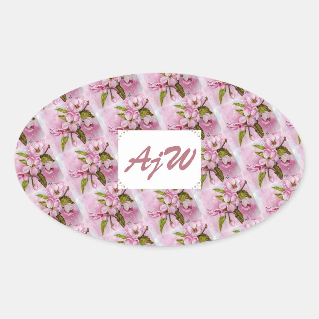 PINK APPLE BLOSSOMS MONOGRAMMED OVAL STICKER (Front)