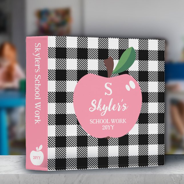 Pink Apple Buffalo Check Monogrammed School Work 3 Ring Binder (Creator Uploaded)