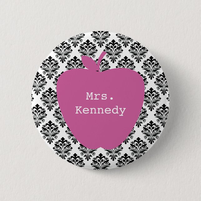 Pink Apple Damask Teacher Pinback Button (Front)
