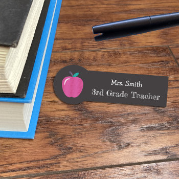 Pink Apple Faux Chalkboard Teacher Name Tag by ArianeC at Zazzle