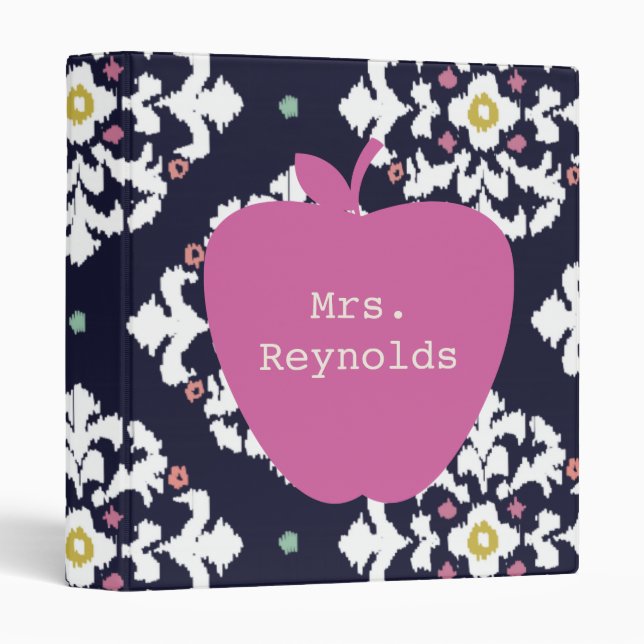 Pink Apple & Ikat Teacher 3 Ring Binder (Front/Spine)