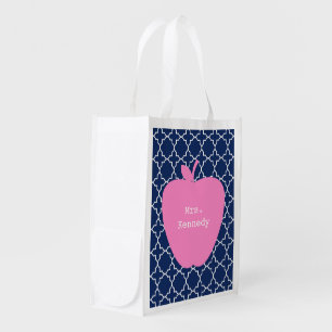 Pink Apple Navy Quatrefoil Grocery Bag