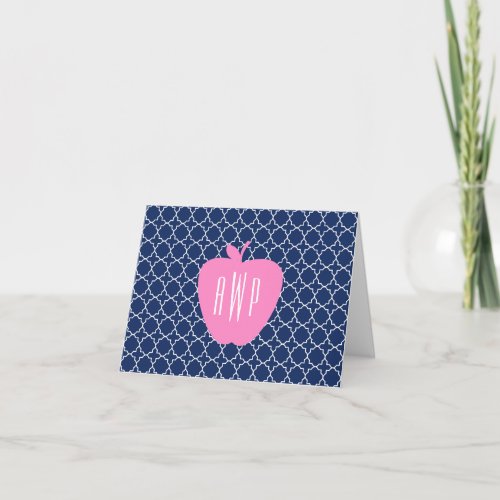 Pink Apple Navy Quatrefoil Monogram Teacher Note Card