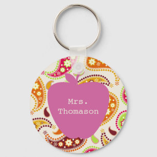 Pink Apple Paisley Teacher Keychain