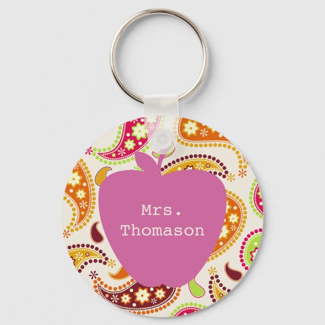 Pink Apple Paisley Teacher Keychain (Front)