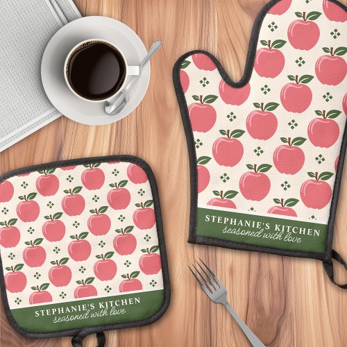 Pink Apple Pattern Personalized Name Oven Mitt &Amp;Amp; Pot Holder Set