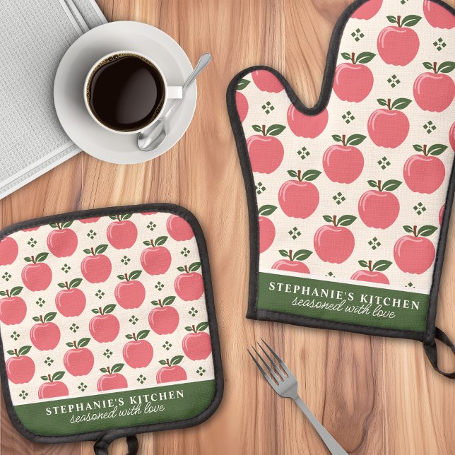 Pink Apple Pattern Personalized Name Oven Mitt & Pot Holder Set (Creator Uploaded)