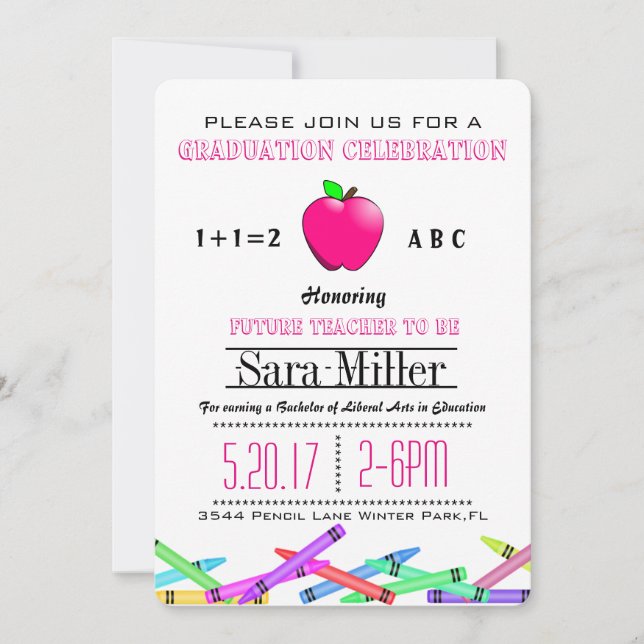 Pink Apple Teacher Graduation Invitation (Front)