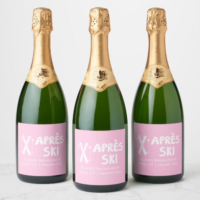Pink Apres Ski Bachelorette Party Champagne Sparkling Wine Label (Bottles)