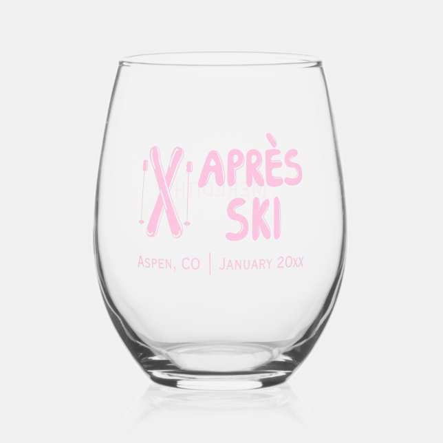 Pink Apres Ski Bachelorette Party Stemless Wine Glass (Front)