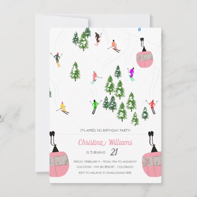 Pink Aprés Ski Skiing Birthday Invitation (Front)