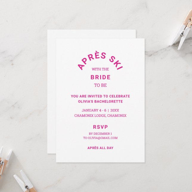 Pink Après Ski with the Bride To Be Bachelorette Invitation (Front/Back In Situ)