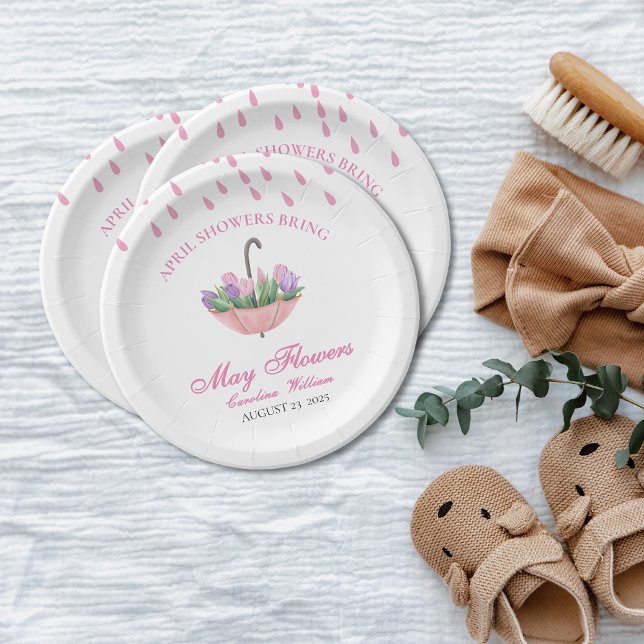 Pink April Showers Bring May Flower Baby Shower Paper Plates (Creator Uploaded)