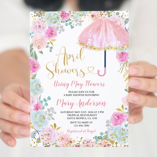 Pink April Showers Bring May Flowers Baby Shower Invitation