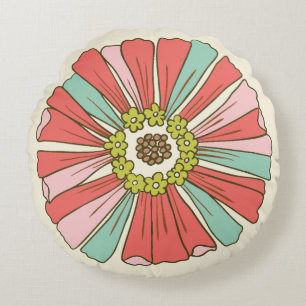 Pink & Aqua 70s Flower Round Pillow