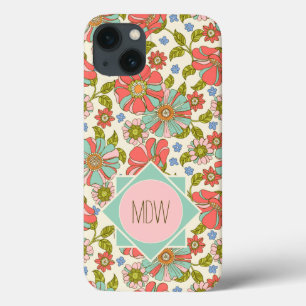 Pink Aqua 70s Retro Floral Personalized iPhone 13 Case