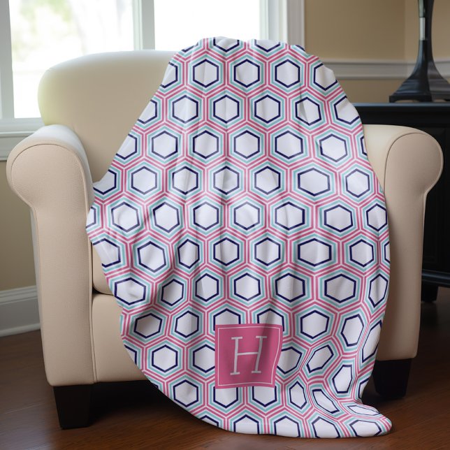 Pink Aqua and Blue Pattern Monogrammed Fleece Blanket (Creator Uploaded)